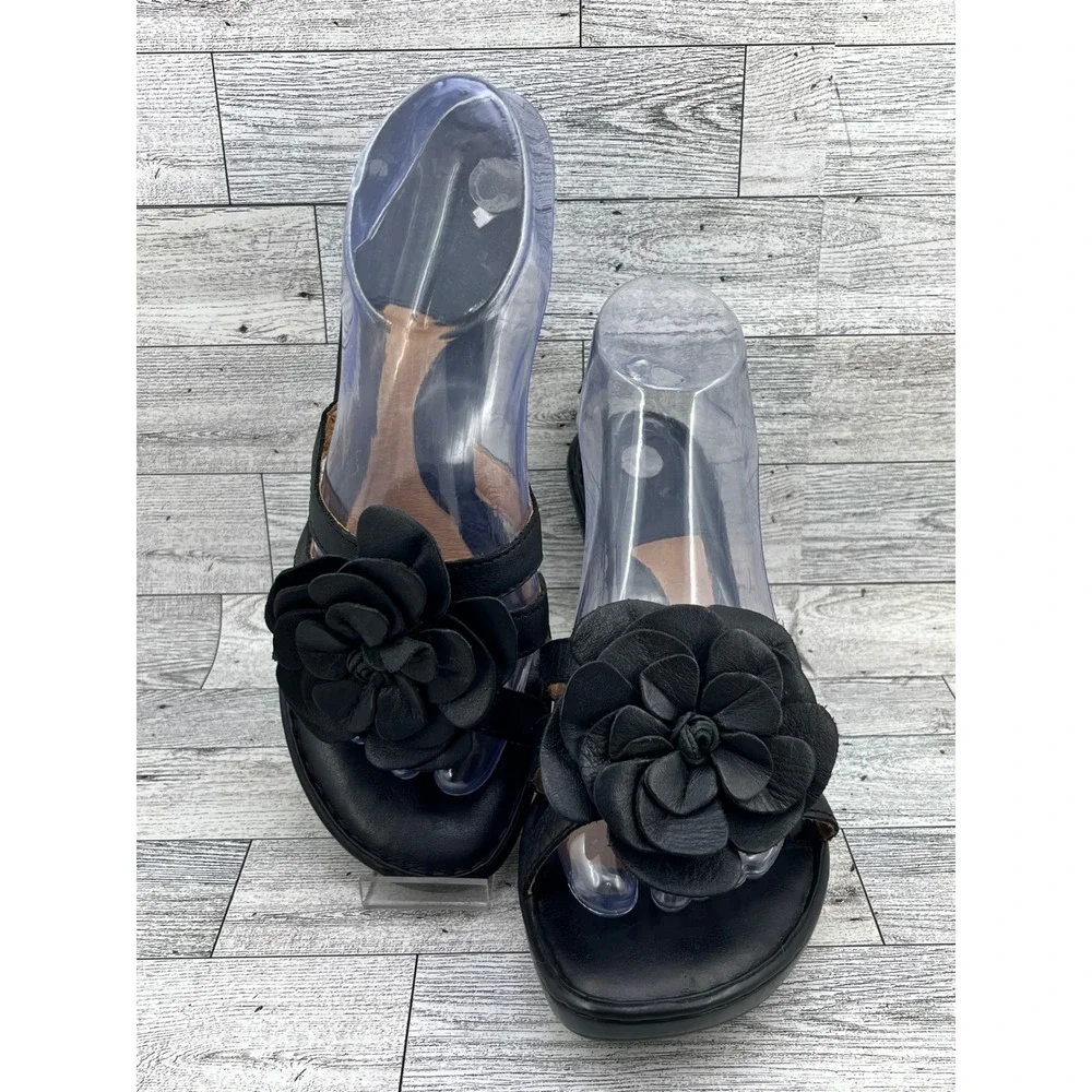 Born Black Leather Wedge Sandals Floral Rosette Slip On Mules Platform Women 10
